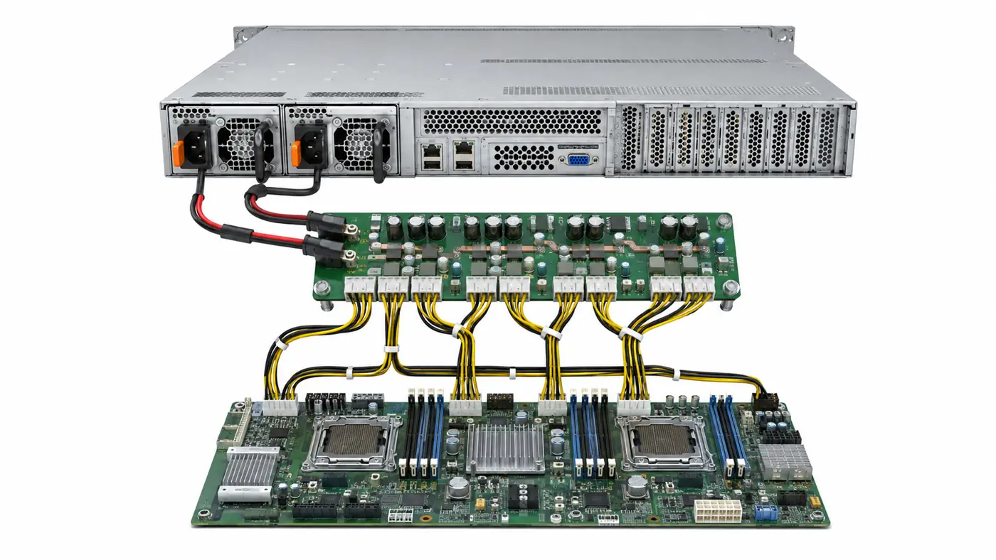 comparison of a bare circuit board populated server pdb power backplane cage and complete power assembly