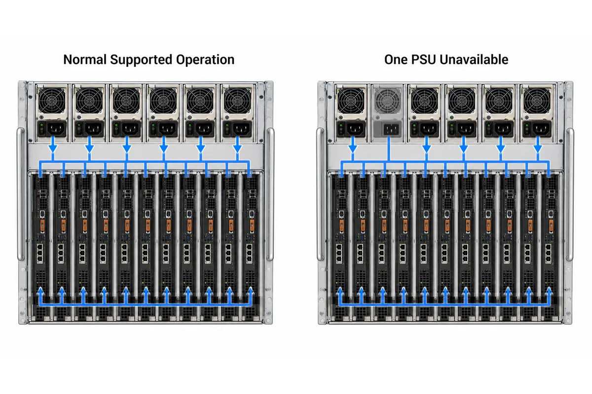 Comparison of normal and one-PSU-unavailable states in a populated blade chassis