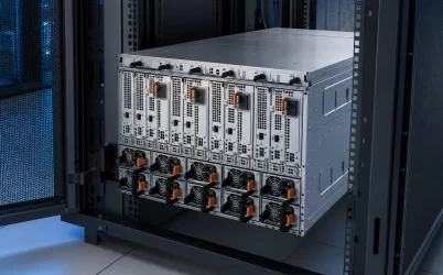 Complete blade server chassis with hot-plug power modules in a data-center rack