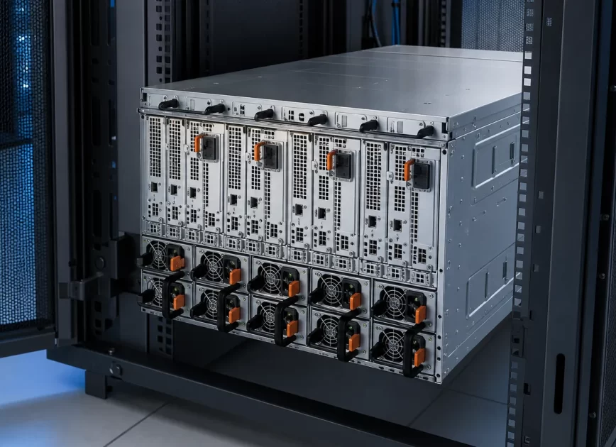 Complete blade server chassis with hot-plug power modules in a data-center rack
