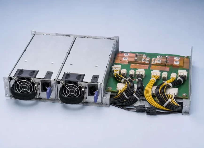 Complete CRPS assembly with two power modules, distribution board, copper paths, and output harnesses