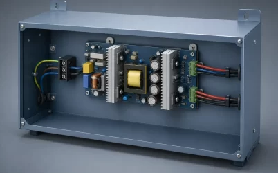 Complete dual-output open-frame power supply installed inside industrial control equipment