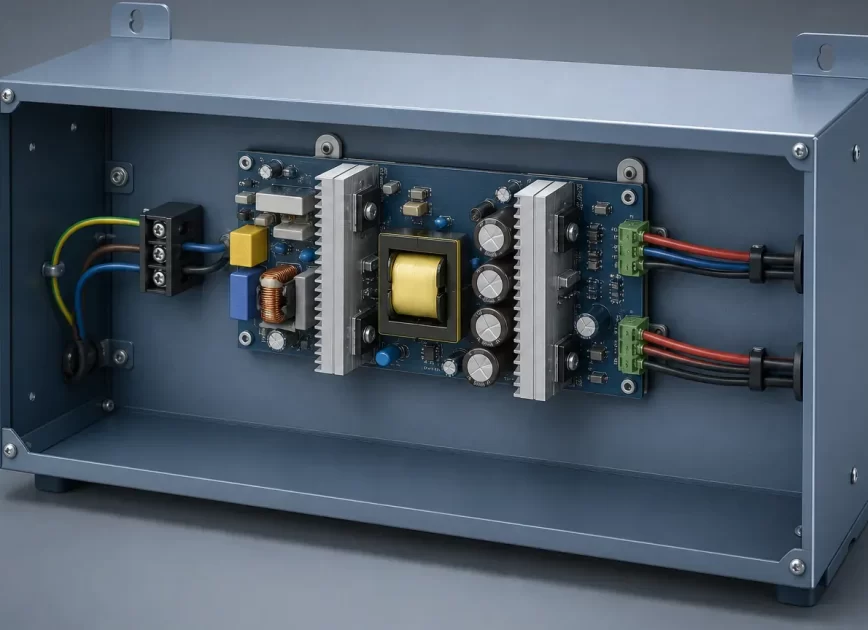 Complete dual-output open-frame power supply installed inside industrial control equipment