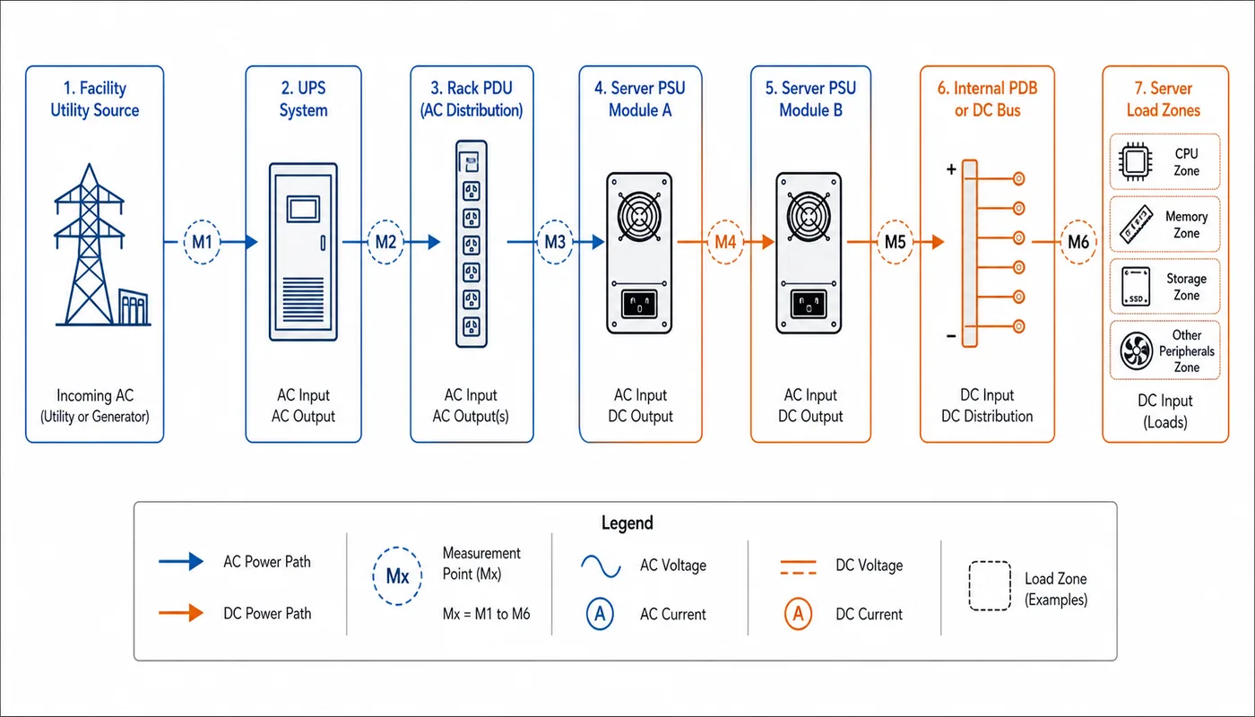 Complete facility-to-server power boundaries and measurement points