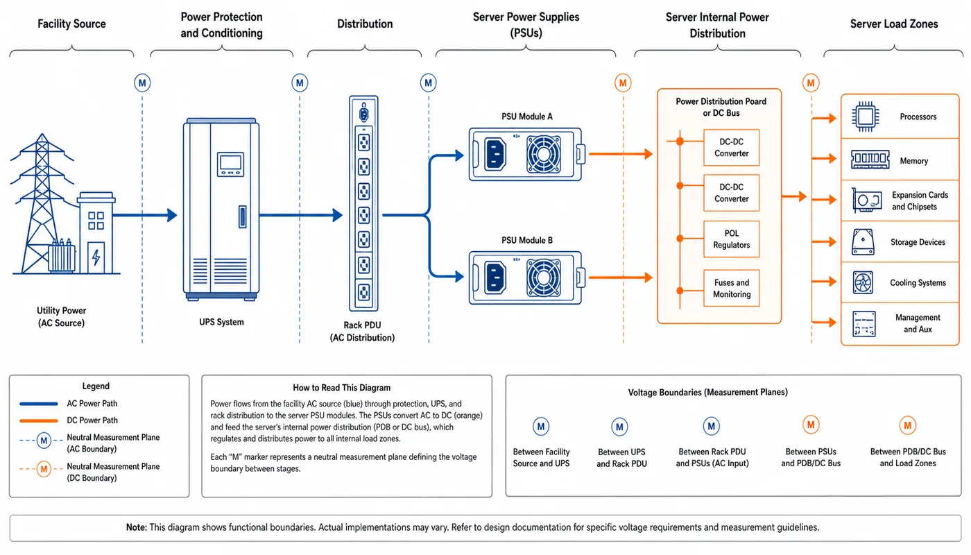 Complete facility-to-server power voltage boundaries and load zones