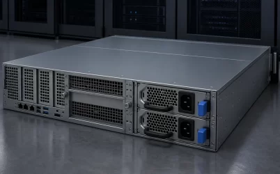 Complete high-power redundant power supply modules installed in a rack server