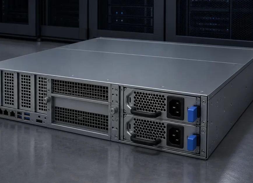 Complete high-power redundant power supply modules installed in a rack server