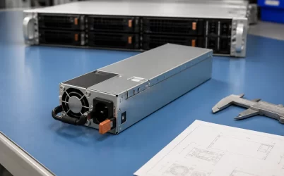 Complete hot-swap server power supply prepared for dimensional inspection beside a rack server