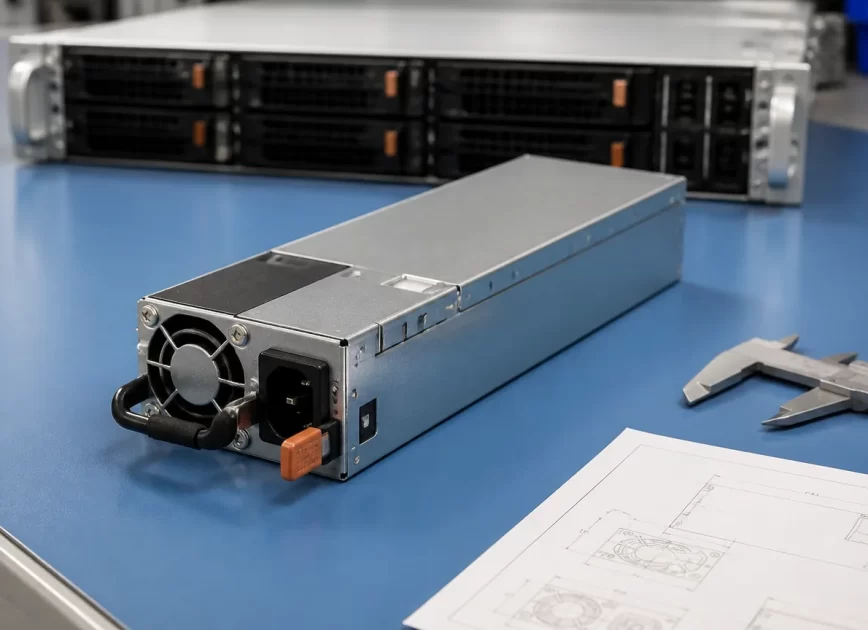 Complete hot-swap server power supply prepared for dimensional inspection beside a rack server