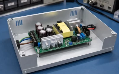 Complete open-frame AC-DC power supply mounted inside an industrial equipment enclosure
