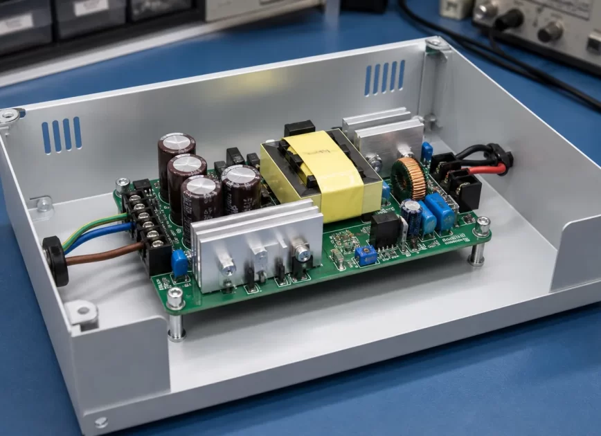 Complete open-frame AC-DC power supply mounted inside an industrial equipment enclosure