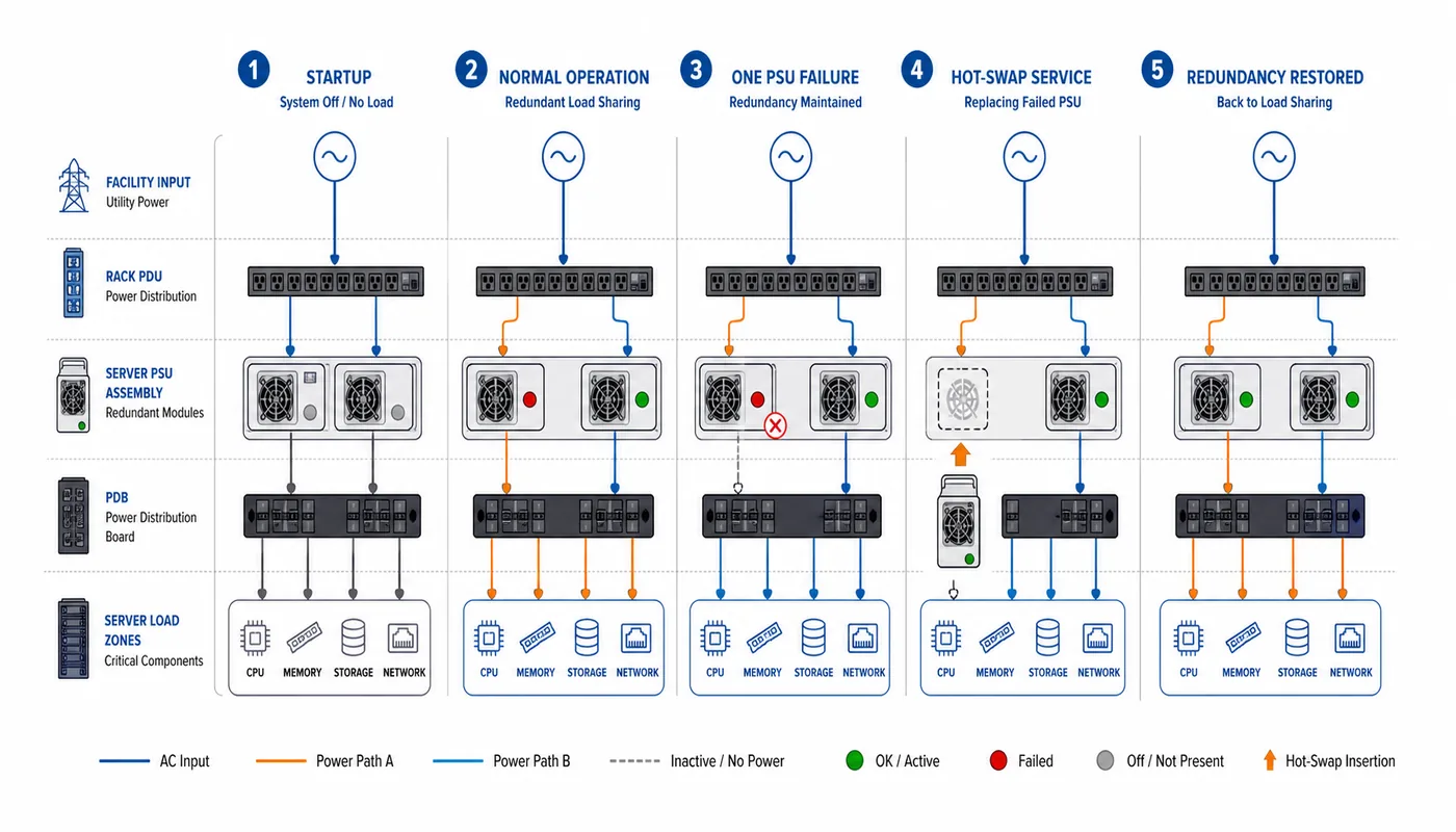 Complete operating-state sequence for a custom server power supply