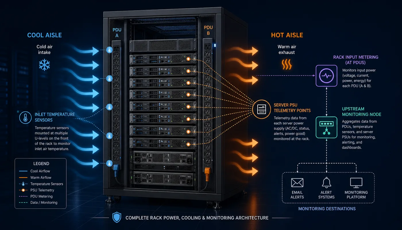 Complete rack power cooling and monitoring measurement points