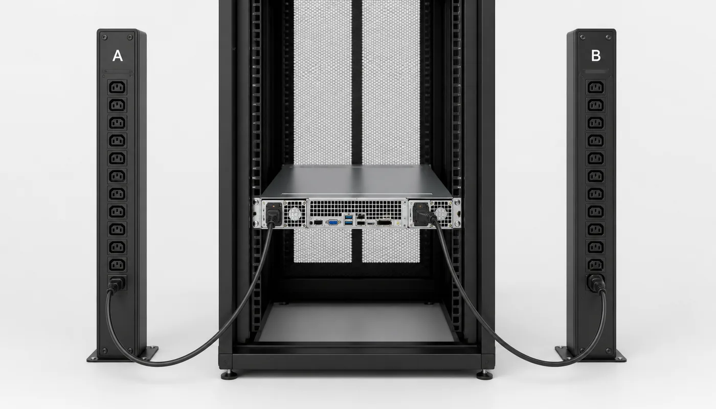 Complete rack server connected to independent A and B rack PDUs