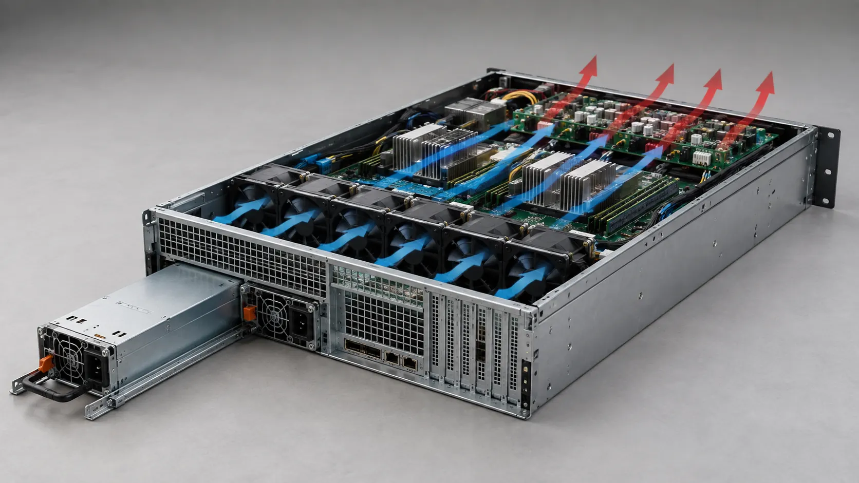 Complete rack server showing hot-plug PSU insertion path, blind-mate PDB connection, and airflow