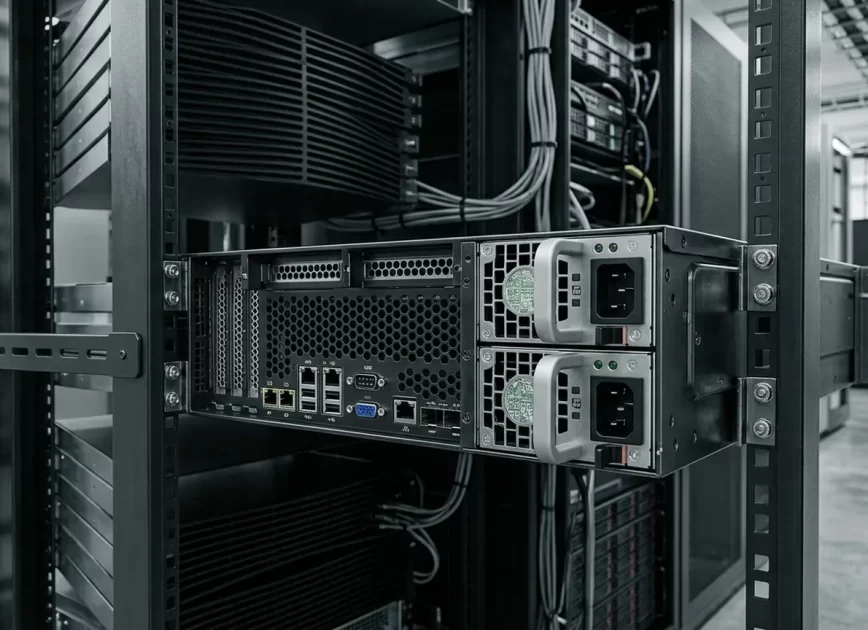 Complete rack server with redundant hot-plug power supply modules in a data-center setting