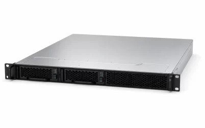 Complete rack server with two rear hot-plug power supply modules in a data-center setting