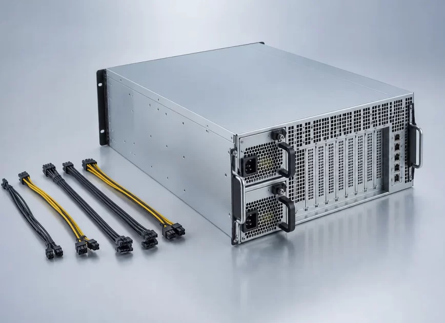 Complete rackmount server with dual redundant power modules and organized detachable harnesses