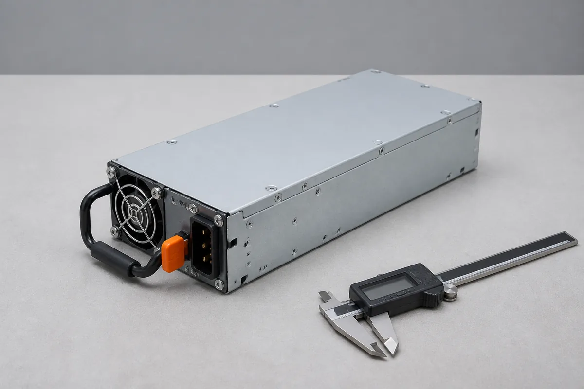 Complete removable server PSU beside calipers for envelope measurement
