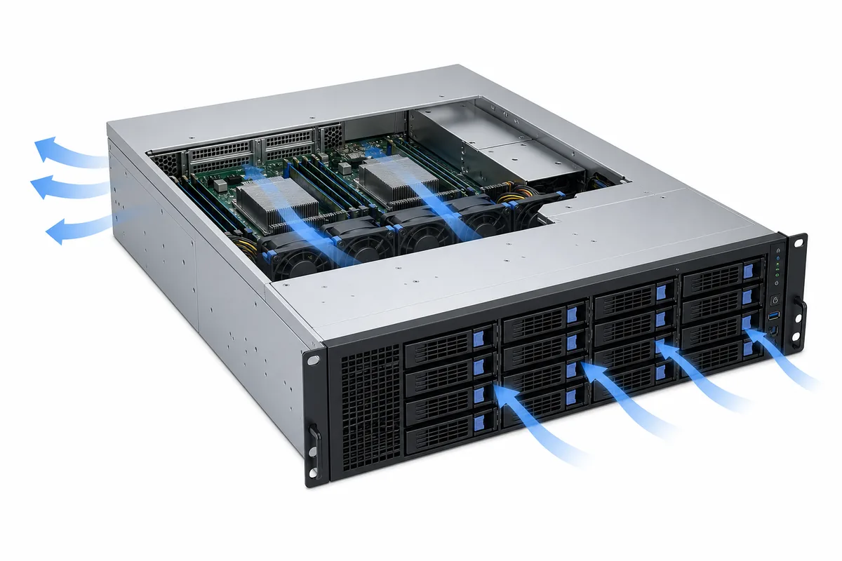 Complete server chassis airflow path through redundant power modules