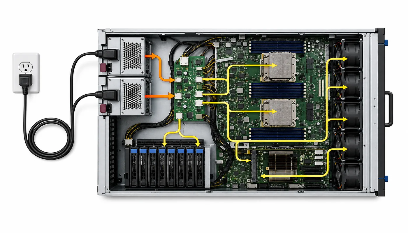 Complete server chassis and power path from input through PDB to load zones