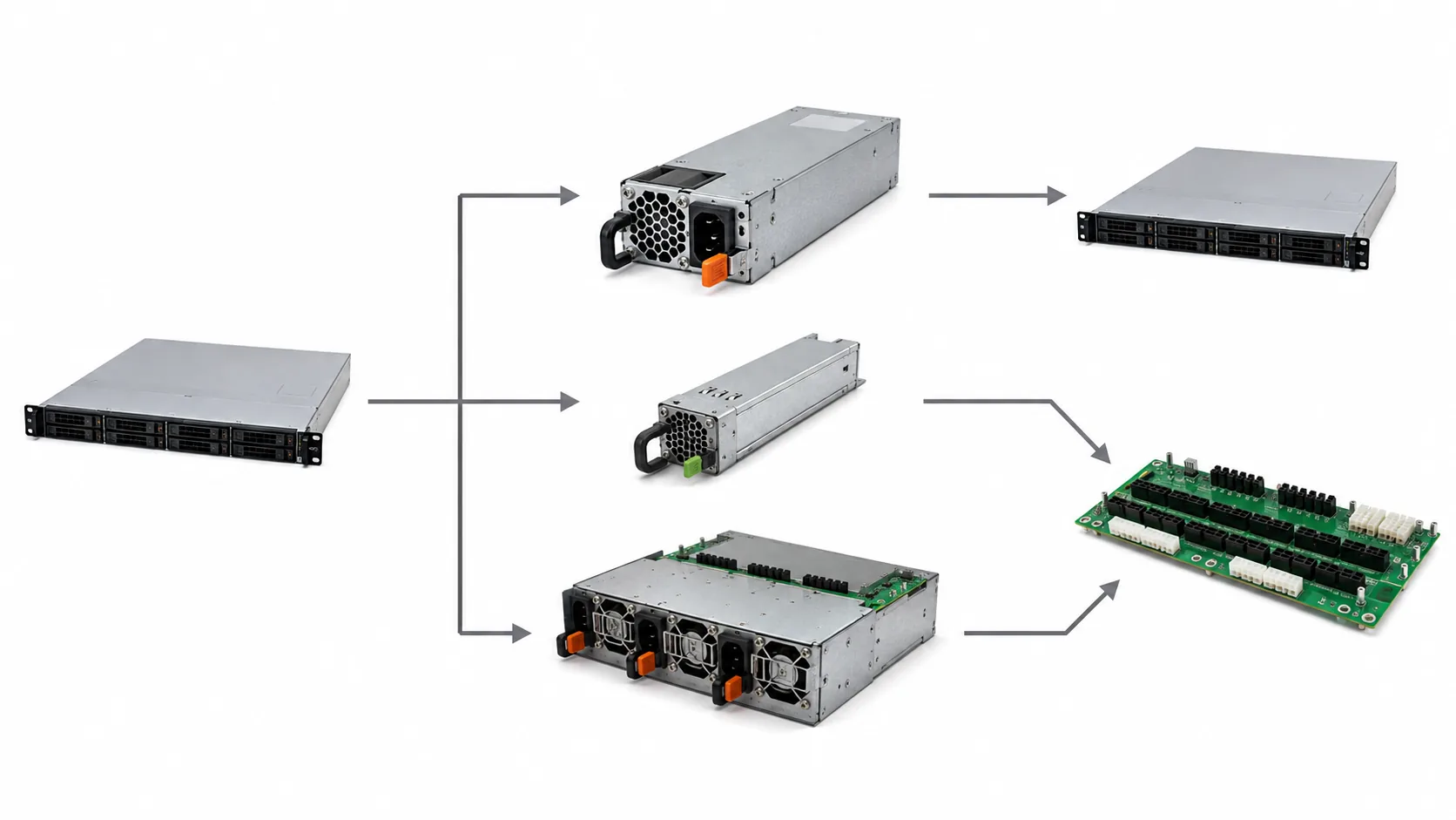 Complete server chassis showing PSU bay, mating PDB, connector plane, and airflow path