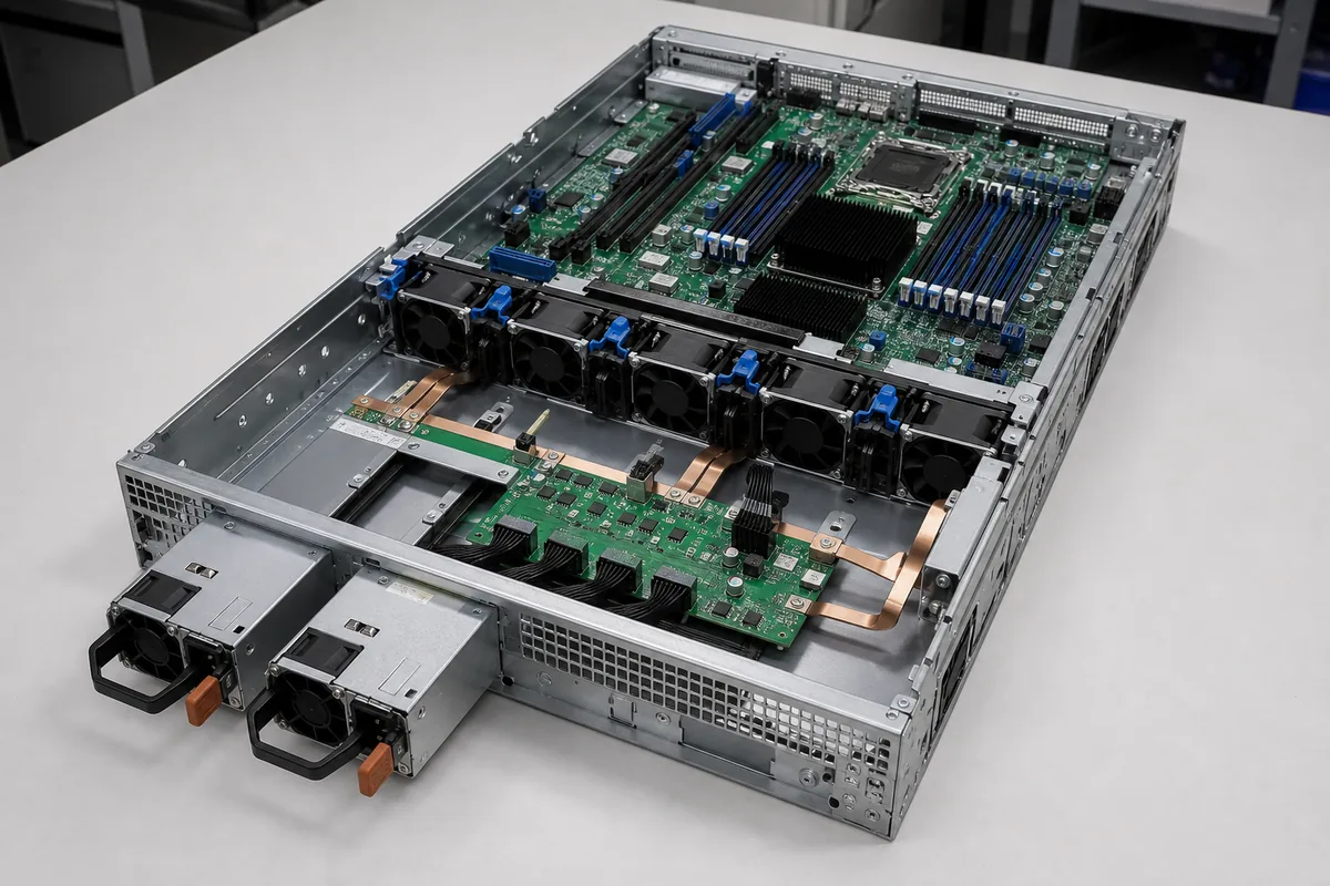 Complete server chassis with redundant power modules connected to a visible power distribution board