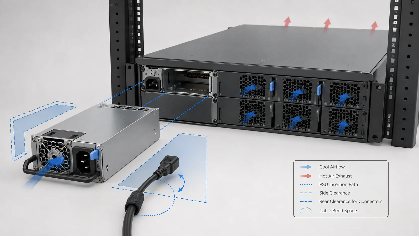 Complete server power supply aligned with a chassis mounting bay and clearance zones