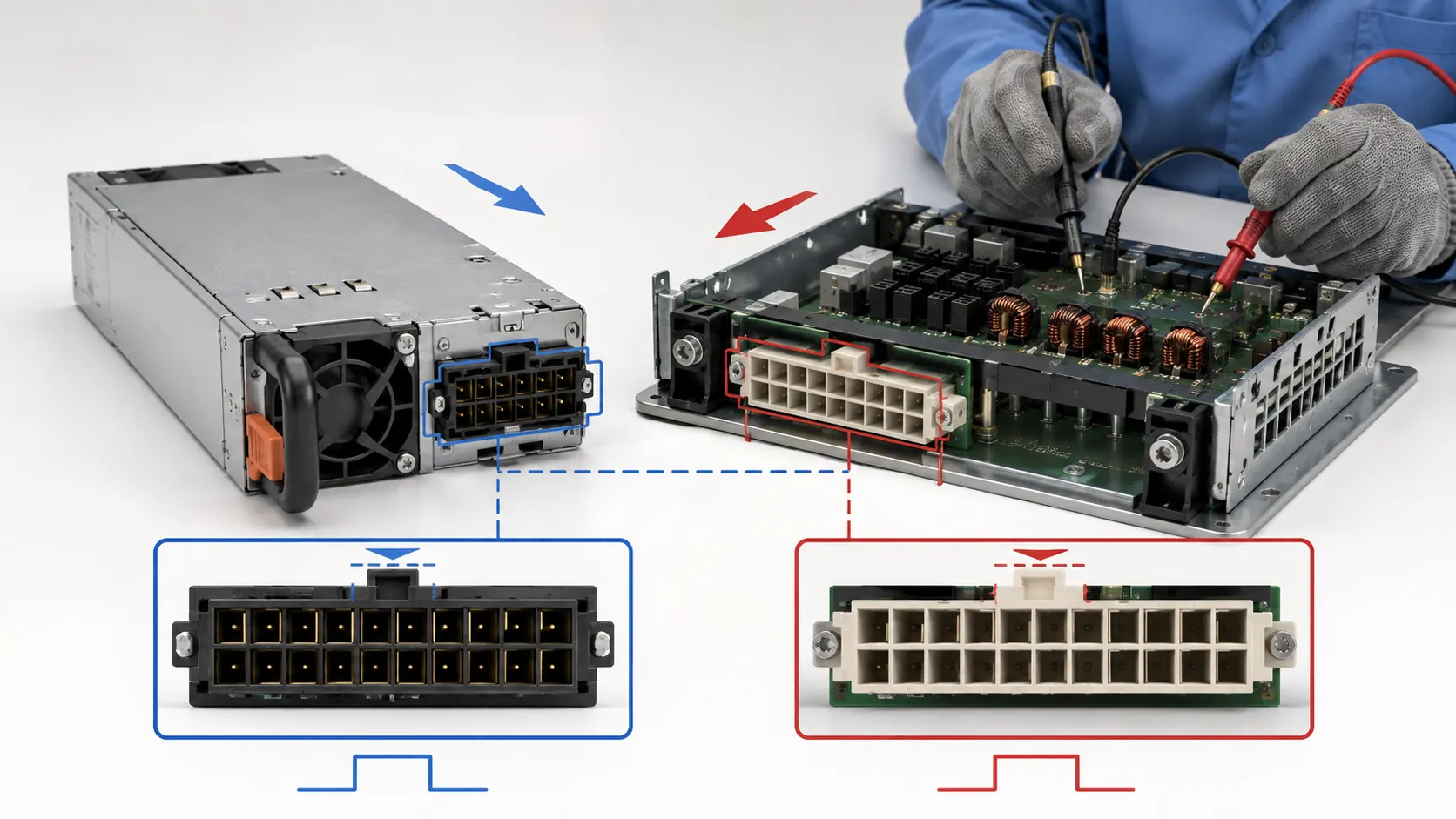 Complete server PSU and mating PDB illustrating opposite connector viewing directions