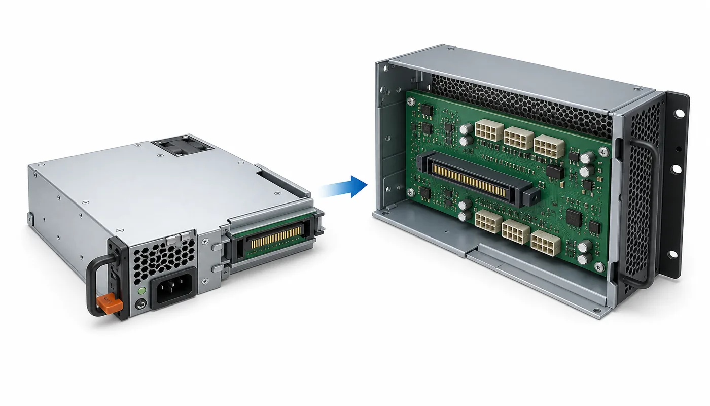 Complete server PSU and PDB aligned at a blind-mate interface