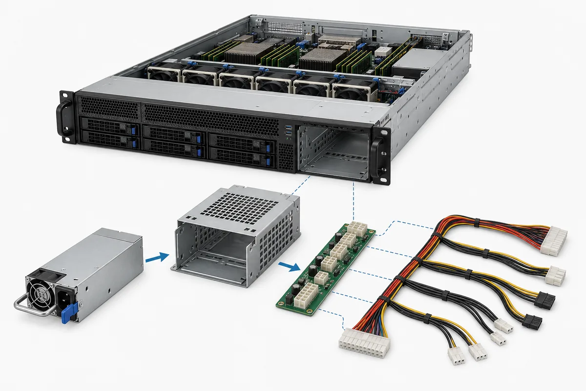 Complete server PSU assembly showing module, cage, PDB, harnesses, and host chassis relationships