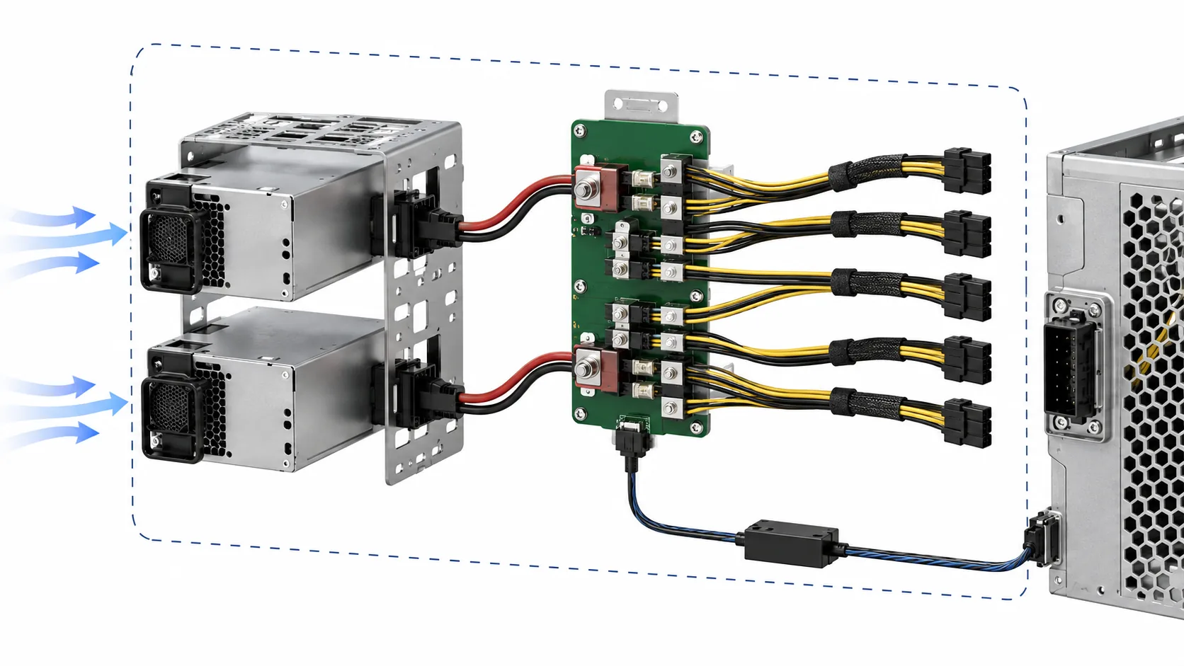 Complete server PSU assembly showing modules, PDB, harnesses, and airflow context