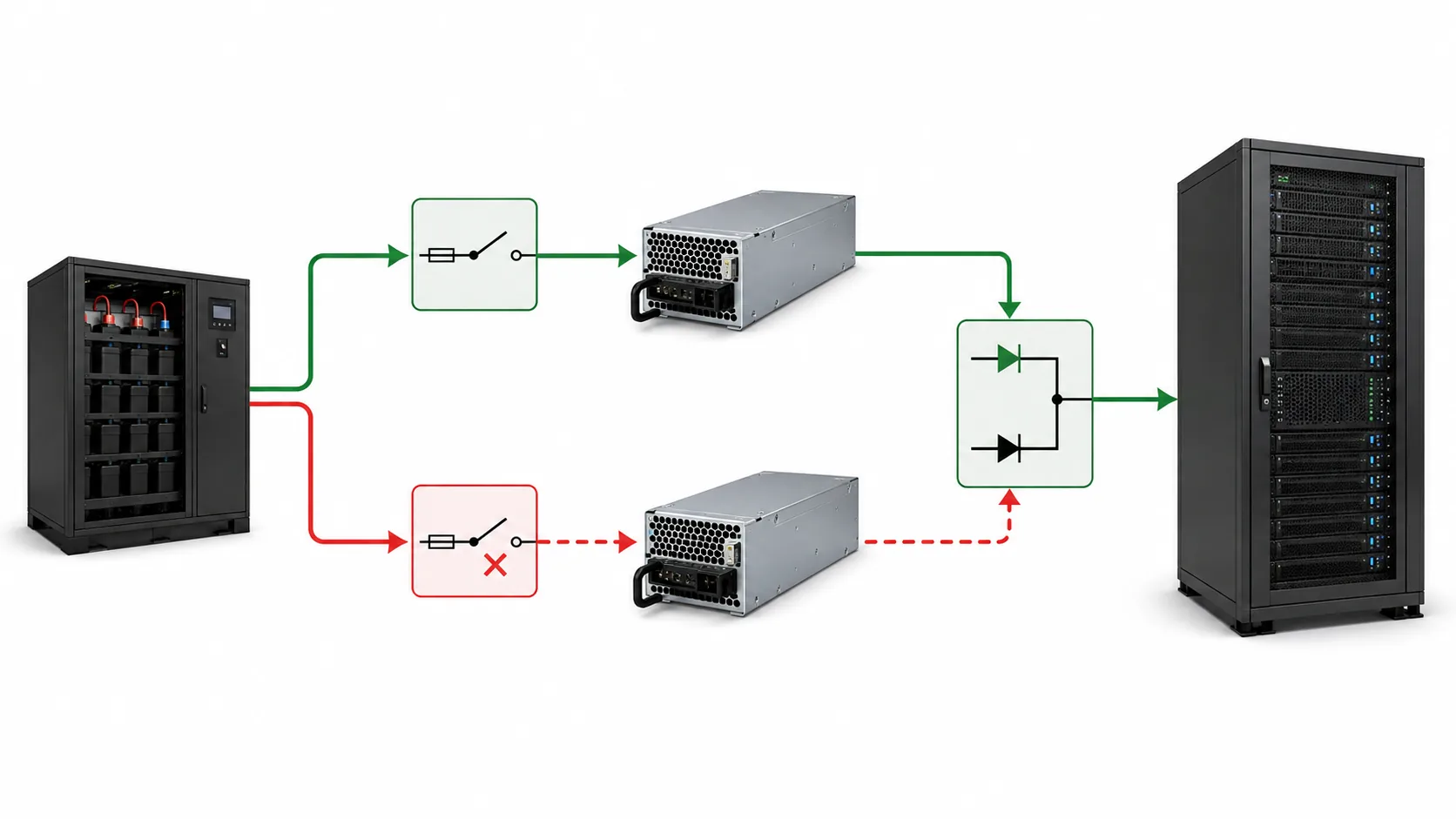 DC source to redundant server power conversion path diagram