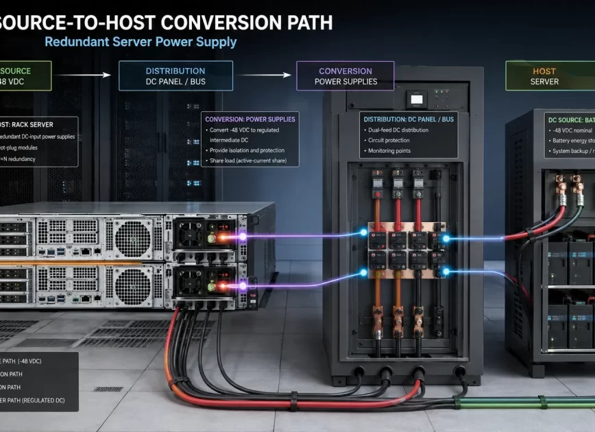 Dc source to redundant server power path