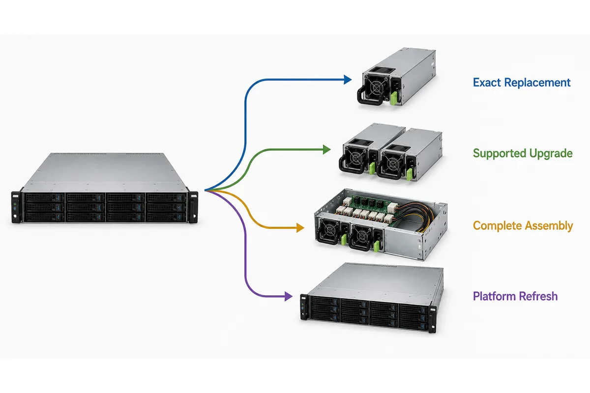 Decision tree routing a dedicated server PSU purchase to replacement, upgrade, complete assembly, or platform refresh