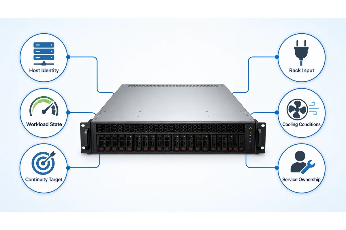 Dedicated server surrounded by requirement categories for host identity, workload, continuity, rack input, cooling, and service ownership