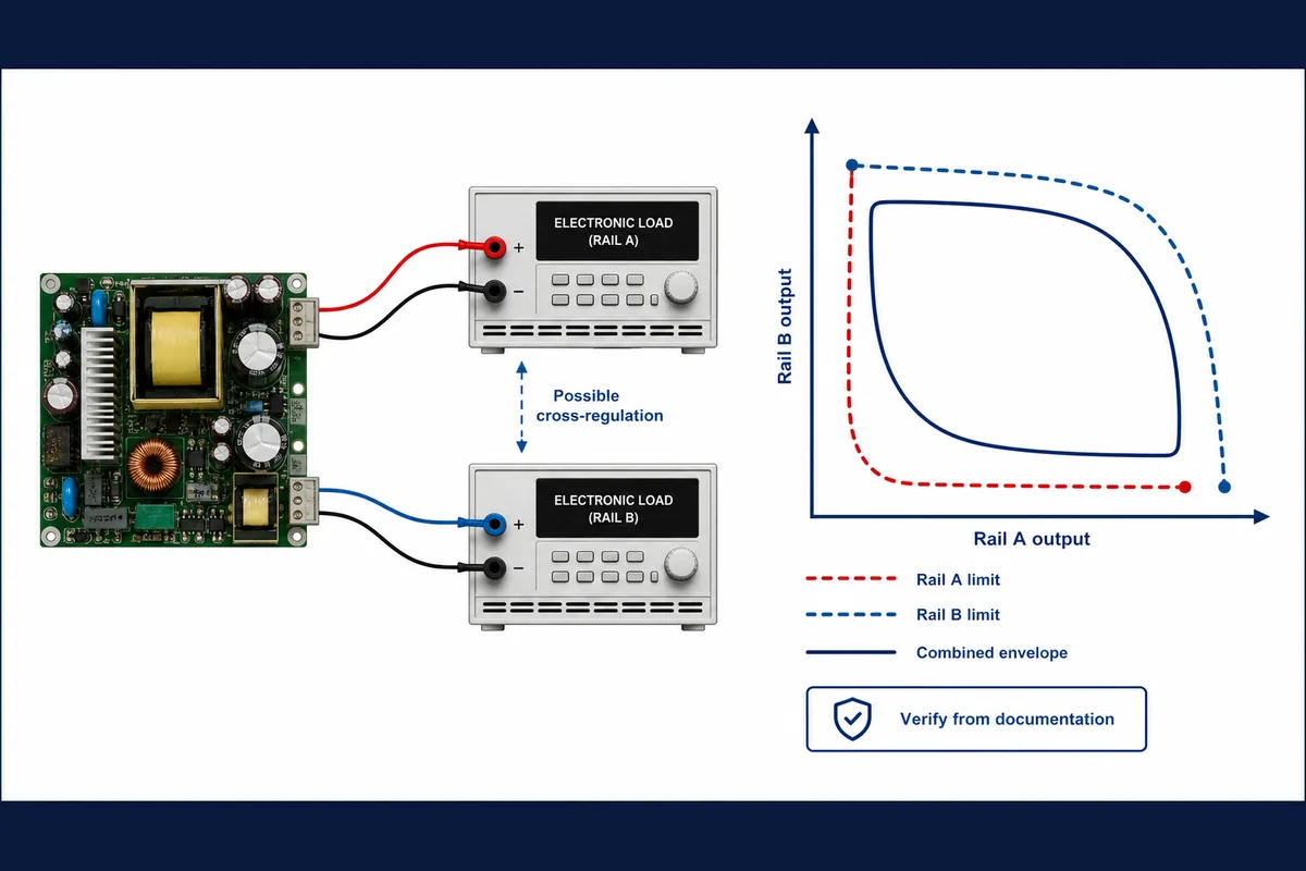 Diagram of individual and combined loading limits for two power-supply outputs