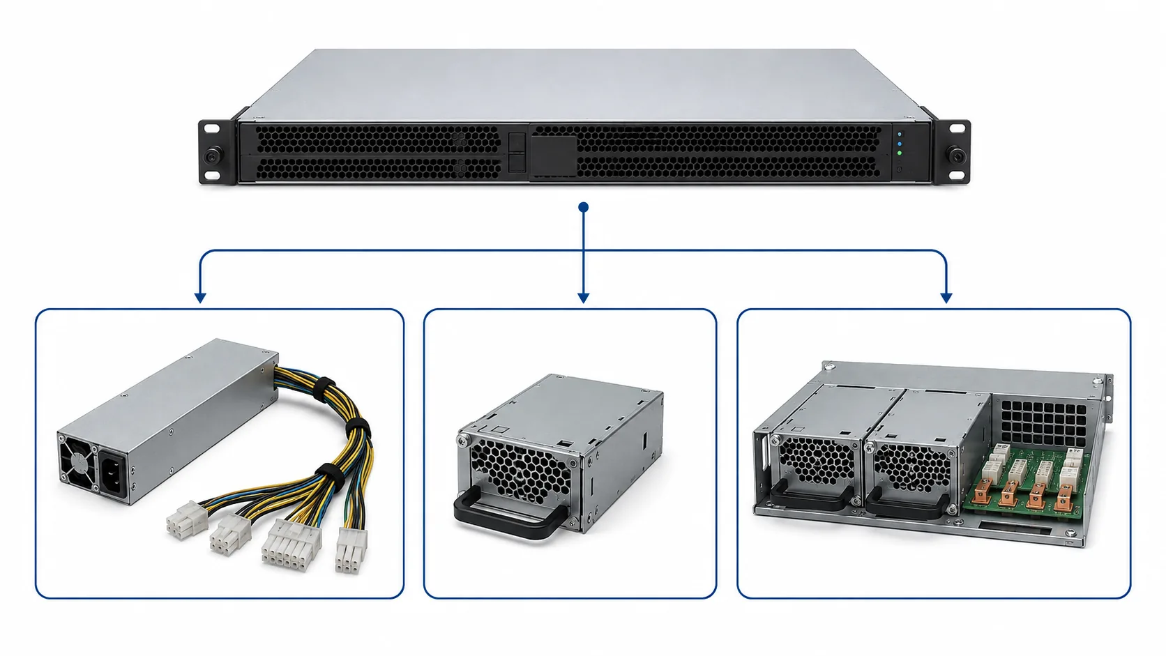 Diagram routing a server requirement to four different power supply architectures