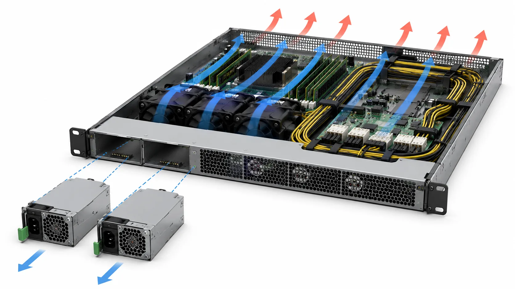 Diagram routing three server power supply result types into replacement and CRPS integration paths