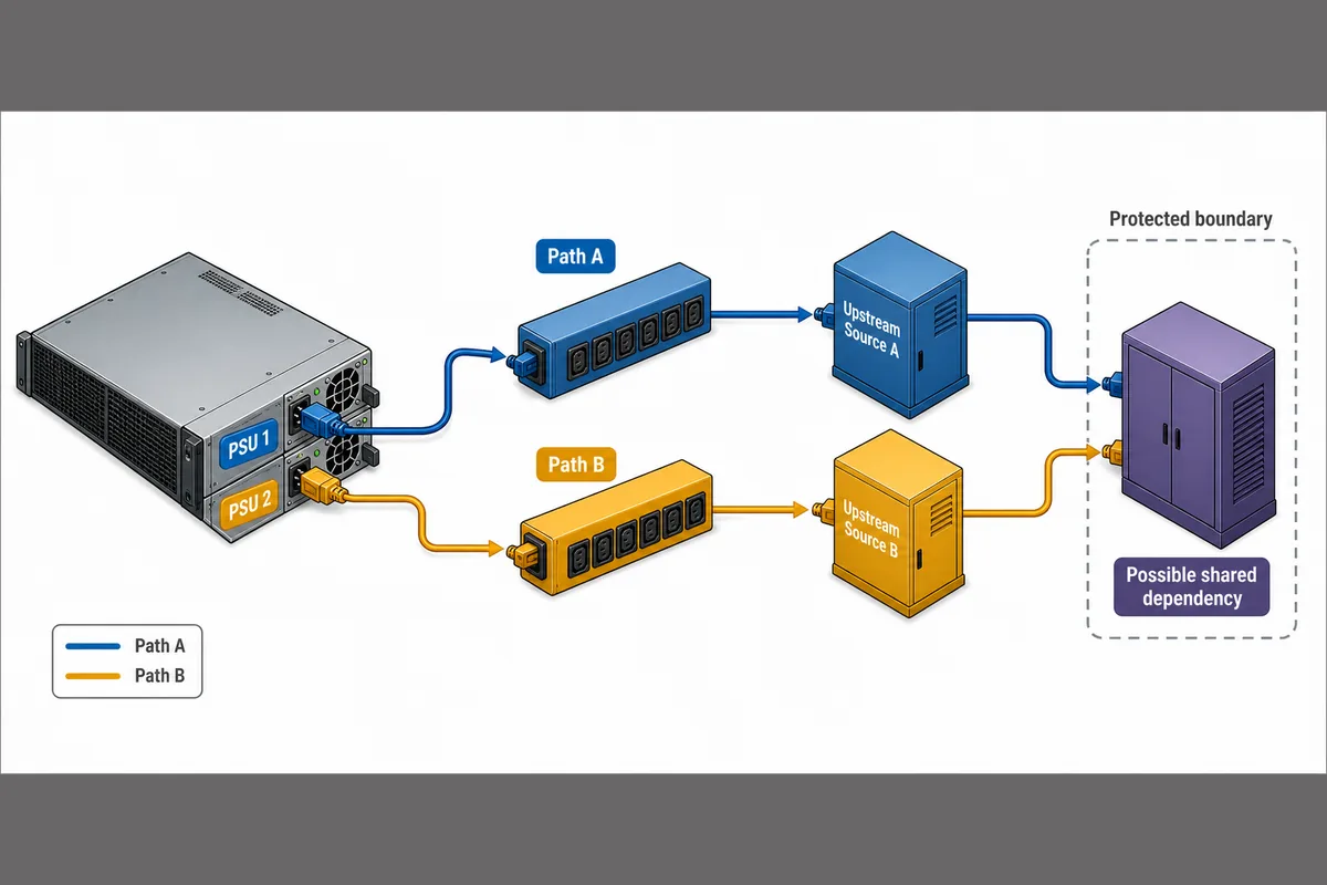 Diagram tracing two server PSU inlets through separate A and B rack power paths