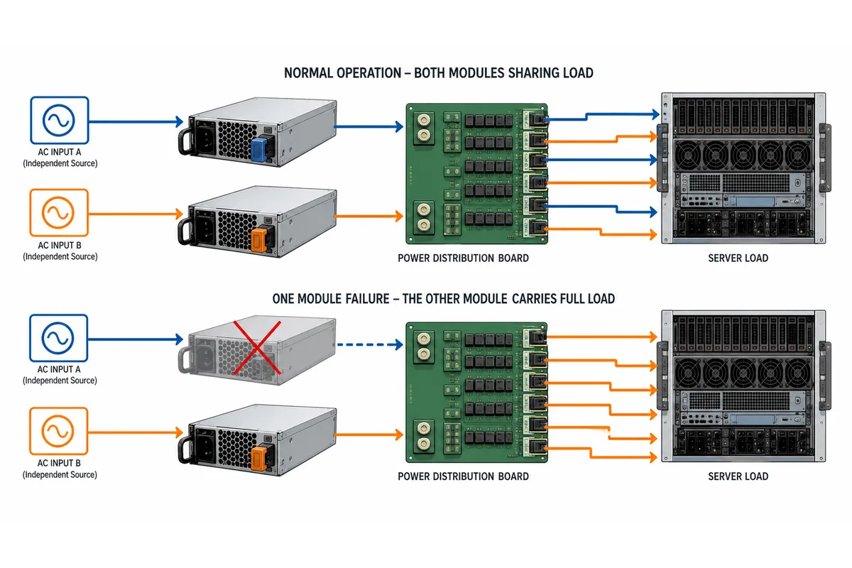 Dual redundant server PSU operating states with complete modules, PDB, server load, and visible input endpoints