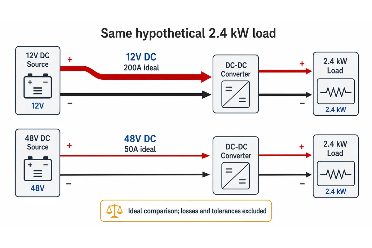 Equal-power comparison of twelve volt and forty-eight volt server distribution buses