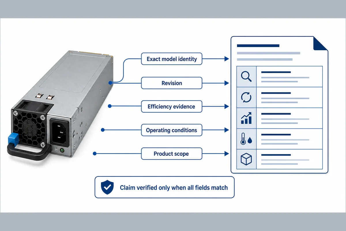 Exact-model efficiency evidence record for a redundant server PSU