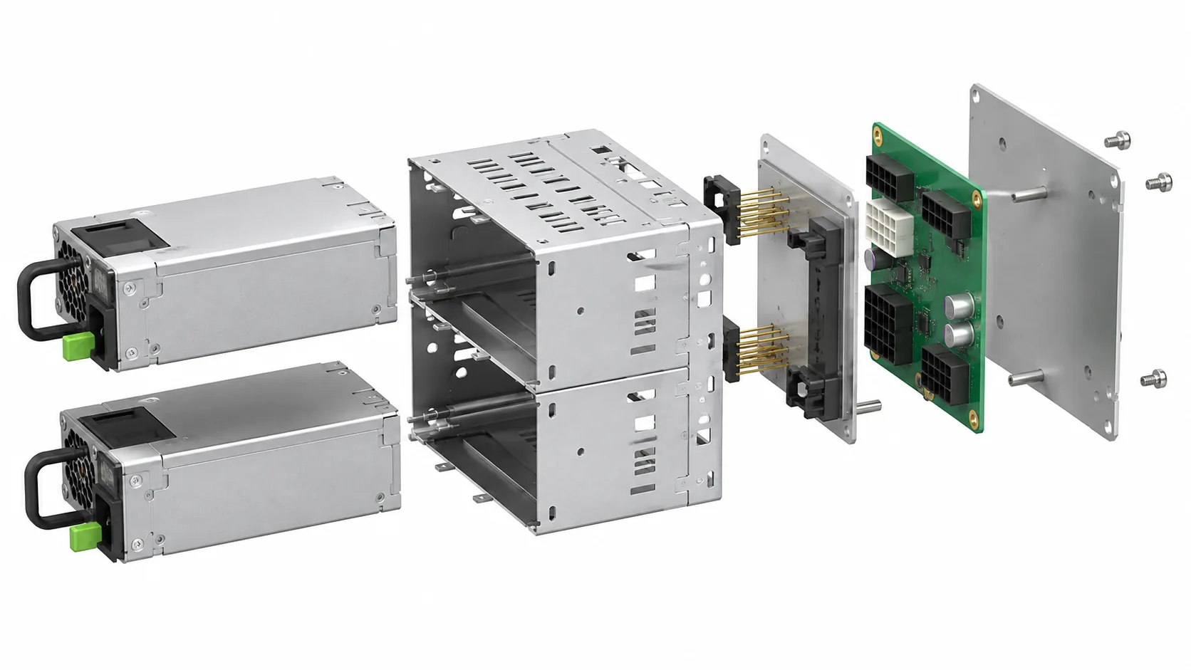 Exploded view of two removable PSU modules, cage, and power distribution hardware