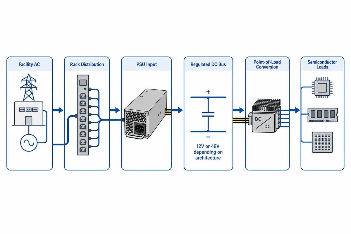 Facility-to-processor diagram of server power voltage domains