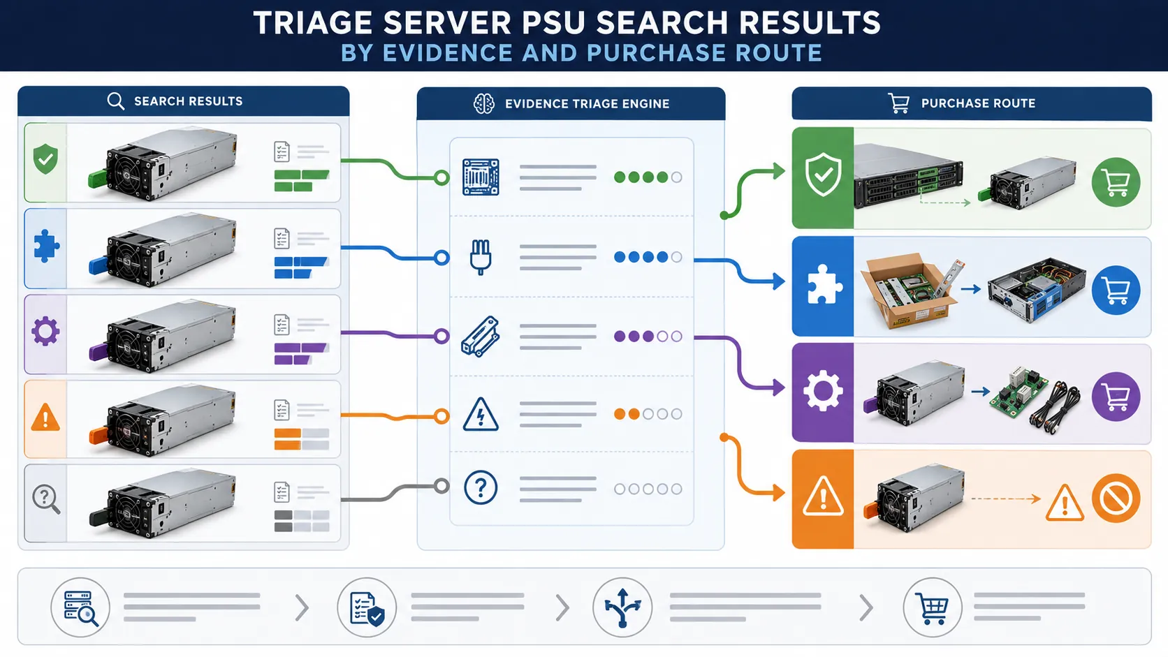 Five server power supply search records sorted into four evidence-based purchase routes