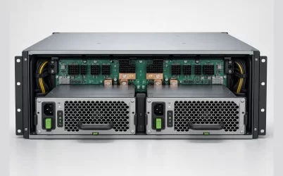 High-power redundant server with two complete hot-plug PSU modules in a data-center rack