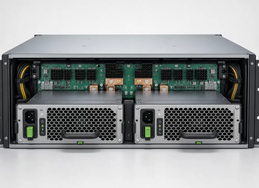 High-power redundant server with two complete hot-plug PSU modules in a data-center rack