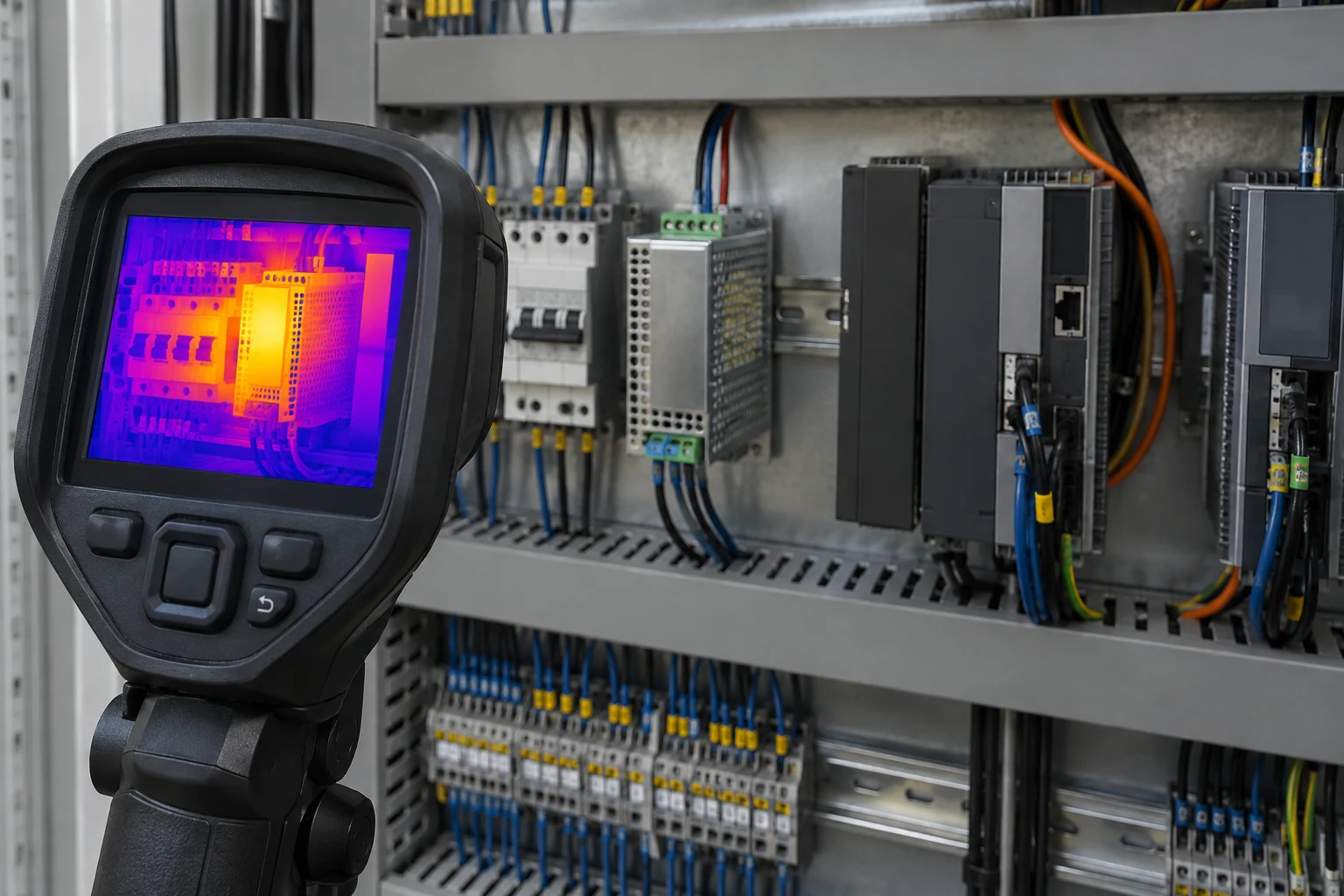 Thermal camera reviewing an industrial power supply cabinet