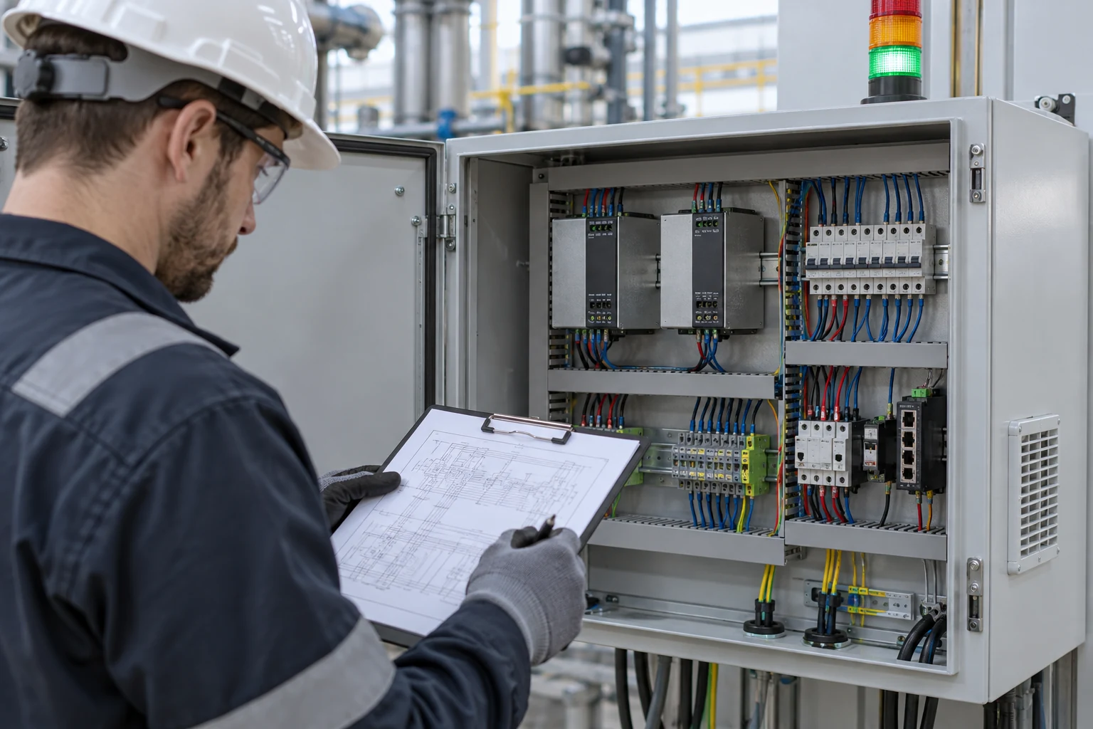 Technician reviewing the service plan for an industrial power cabinet